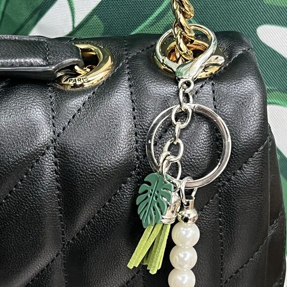 PLANT LADY Bag Charm Keychain Multi MONSTERA Pendant Suede Tassel Faux Pearls - Picture 9 of 17